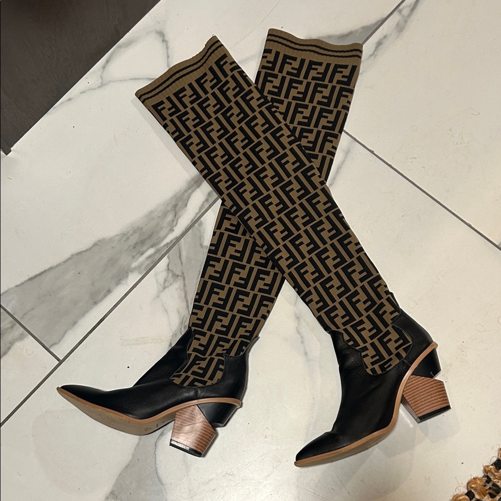 Fendi Black and Brown Patterned Over the Knee Boots